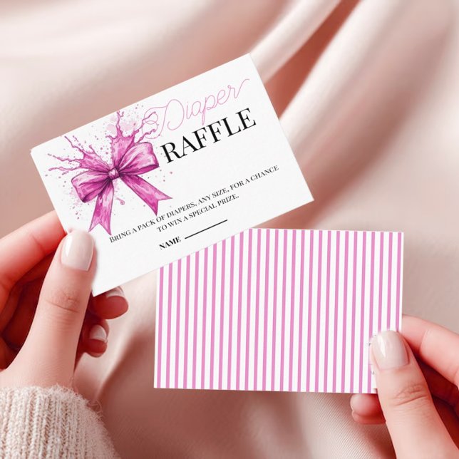 Pink Watercolor Bow Baby Shower Diaper Raffle Card (Creator Uploaded)