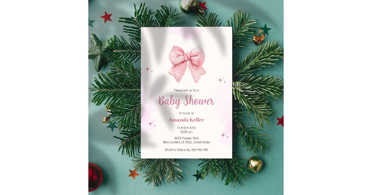 Pink Watercolor Bow Baby Shower Invitation | Zazzle