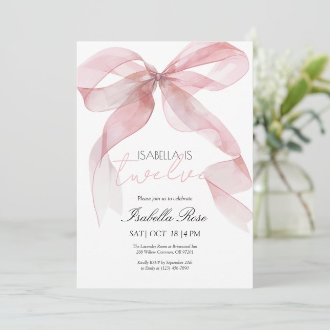 Pink Watercolor Bow Birthday Invitation (Standing Front)
