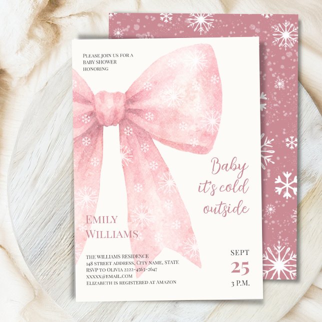 Pink Watercolor Bow cold outside Baby Shower Invitation (Winter Baby Shower Invitation | Baby It’s Cold Outside Theme with pink Snowflake Bows)
