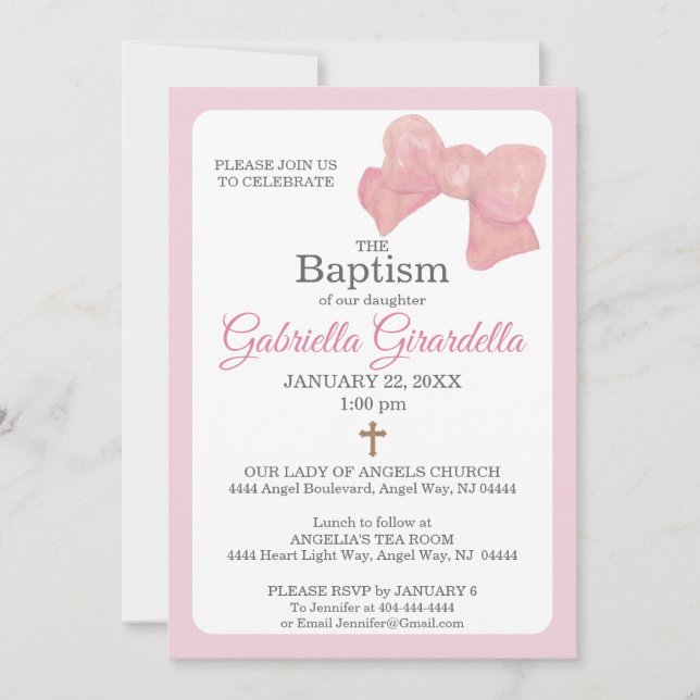 Pink Watercolor Bow & Cross Baptism Invitation (Front)