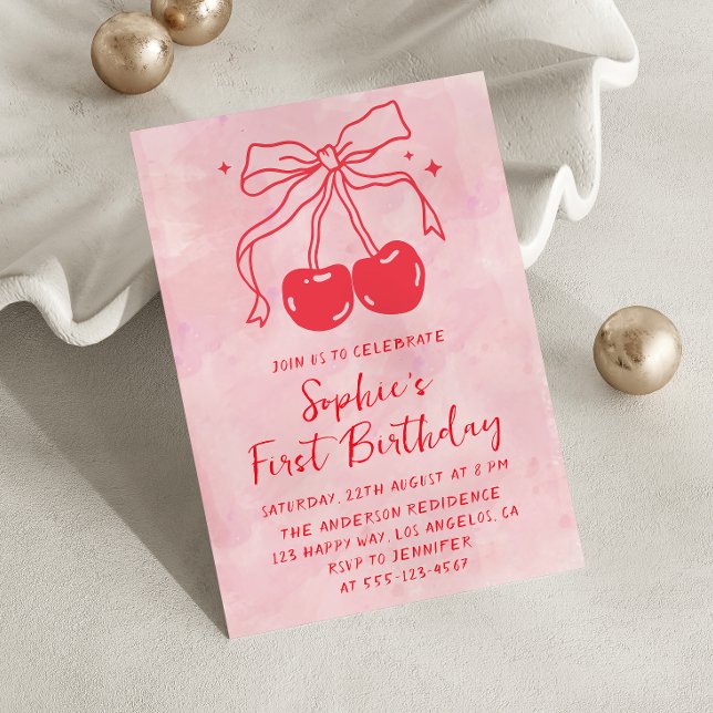 Pink Watercolor Bow Fruit Cherry First Birthday Invitation (Creator Uploaded)