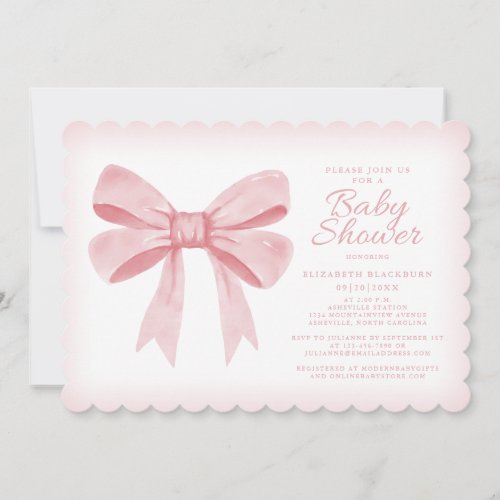 Pink Watercolor Bow Girl Baby Elegant Shower Blush Invitation