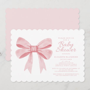 Pink Watercolor Bow Girl Baby Elegant Shower Blush Invitation