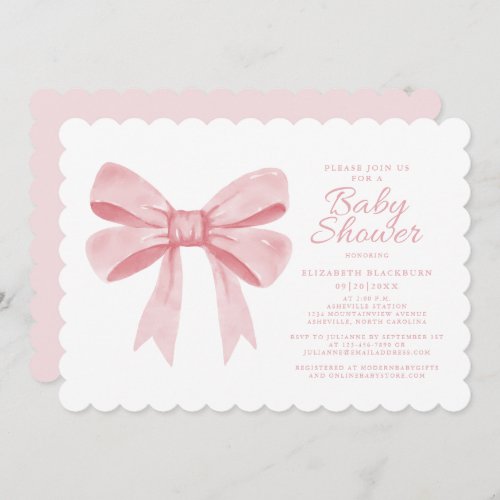 Pink Watercolor Bow Girl Baby Elegant Shower Blush Invitation