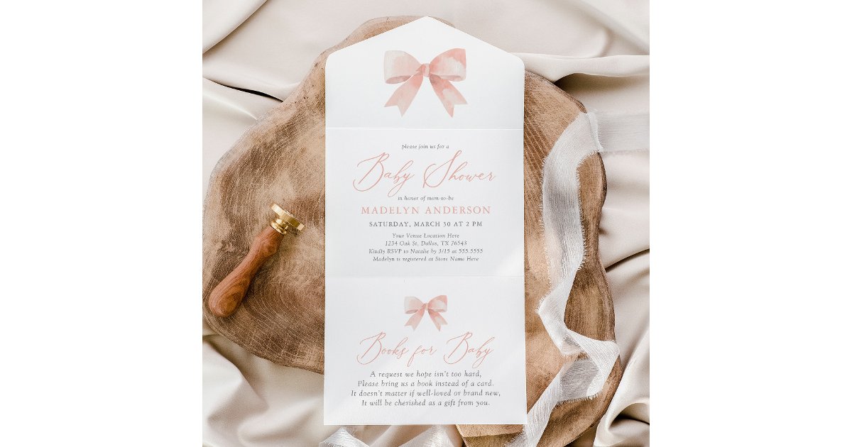Pink Watercolor Bow Girl Baby Shower All In One Invitation | Zazzle