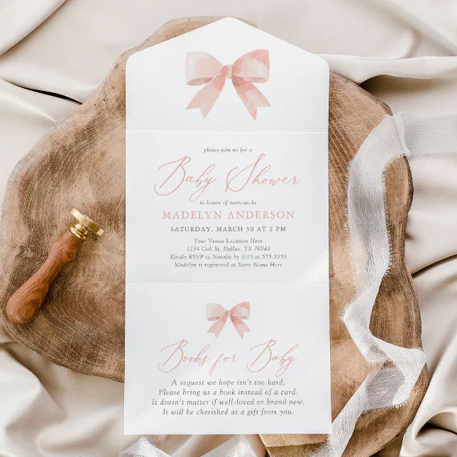 Pink Watercolor Bow Girl Baby Shower All In One Invitation | Zazzle