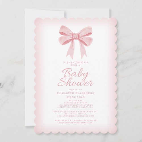 Pink Watercolor Bow Girl Baby Shower Elegant Blush Invitation