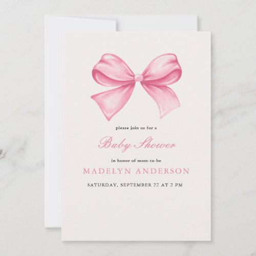 Pink Watercolor Bow Girl Baby Shower Invitation