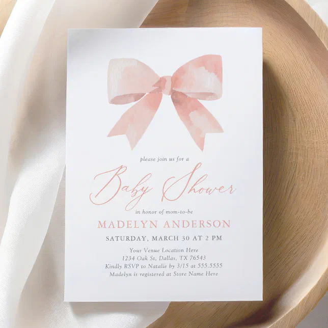 Pink Watercolor Bow Girl Baby Shower Invitation | Zazzle