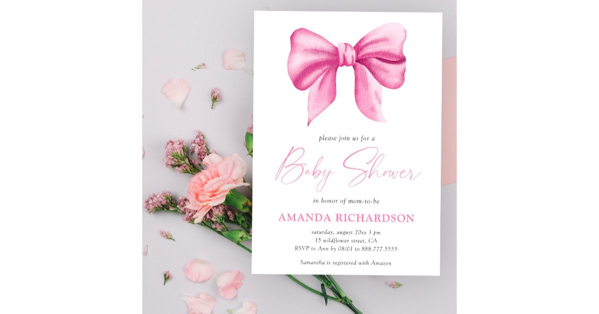 Pink Watercolor Bow Girl Baby Shower Invitation | Zazzle
