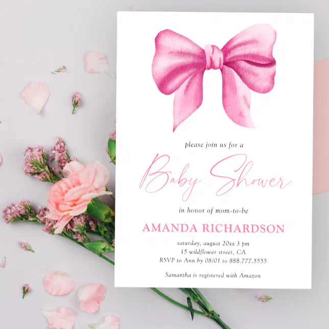 Pink Watercolor Bow Girl Baby Shower Invitation | Zazzle