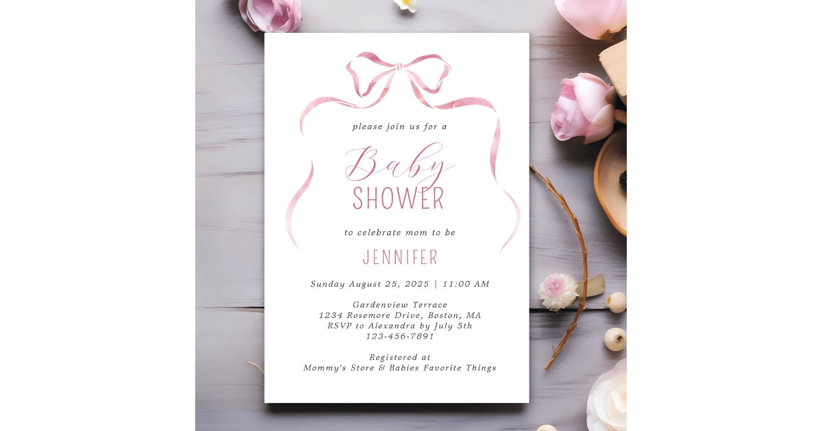Pink Watercolor Bow Girl Baby Shower Invitation | Zazzle