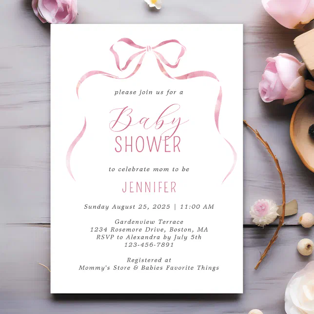 Pink Watercolor Bow Girl Baby Shower Invitation | Zazzle