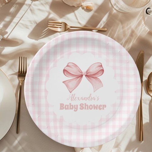 Pink Watercolor Bow Girl Baby Shower  Paper Plates