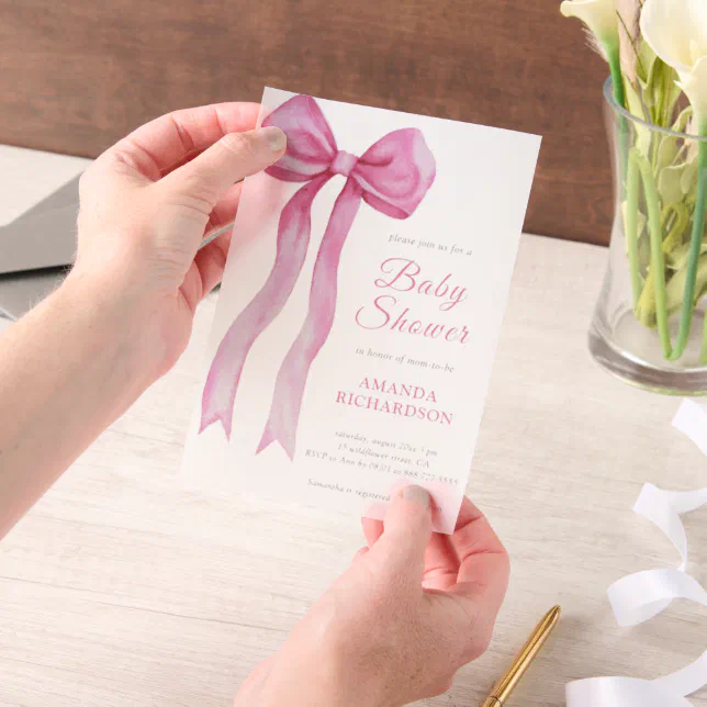 Pink Watercolor Bow Girl Baby Shower Vellum Invitations | Zazzle