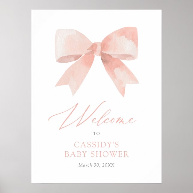 Pink Watercolor Bow Girl Baby Shower Welcome Sign (Front)