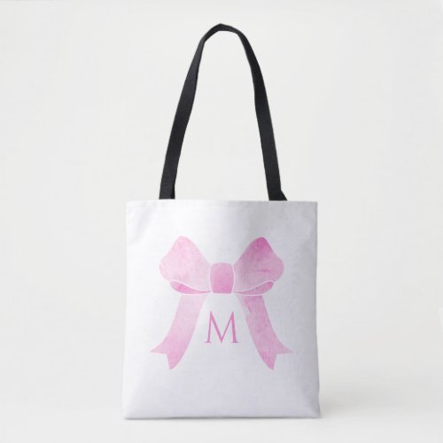 Pink Watercolor Bow Girly Monogram Tote Bag