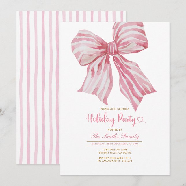 Pink Watercolor Bow Holiday Party Invitation (Front/Back)