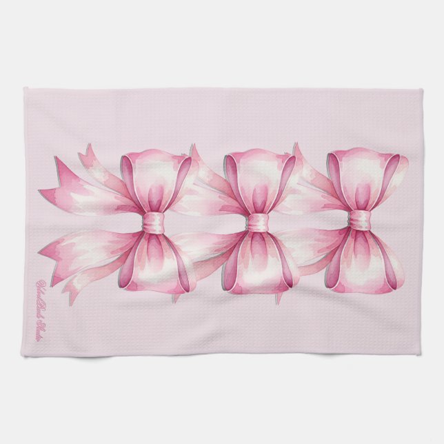 Pink Watercolor Bow Print Kitchen Towel (Horizontal)