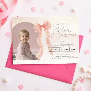 Pink Watercolor Bow Winter Onederland Arch Photo Invitation