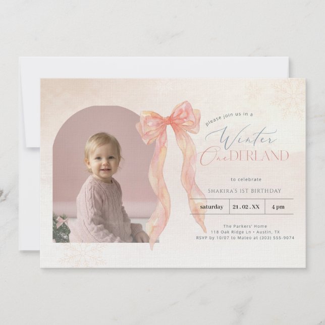 Pink Watercolor Bow Winter Onederland Arch Photo Invitation (Front)