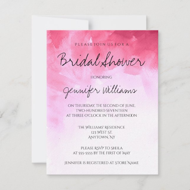Pink watercolor bridal shower invitations (Front)
