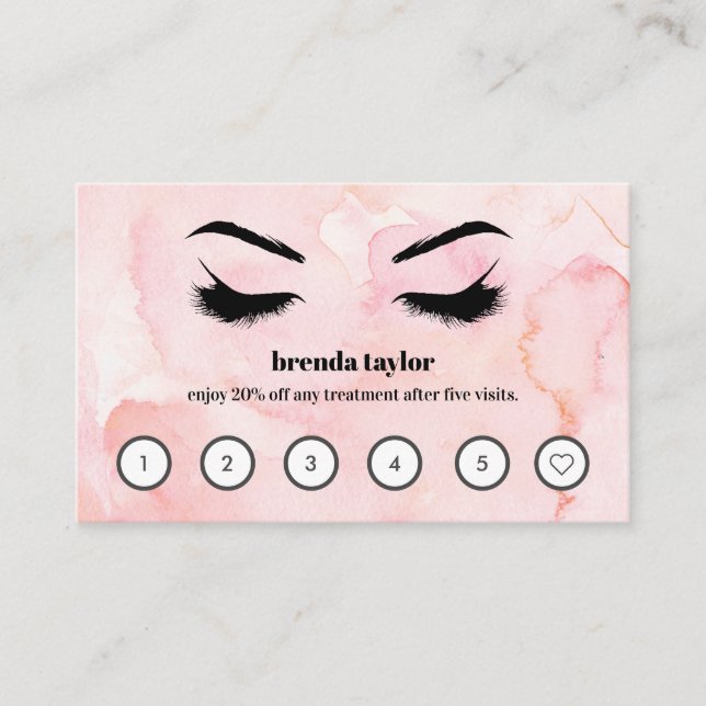 Pink Watercolor  Browbar Eyelash Custom Loyalty Business Card (Front)