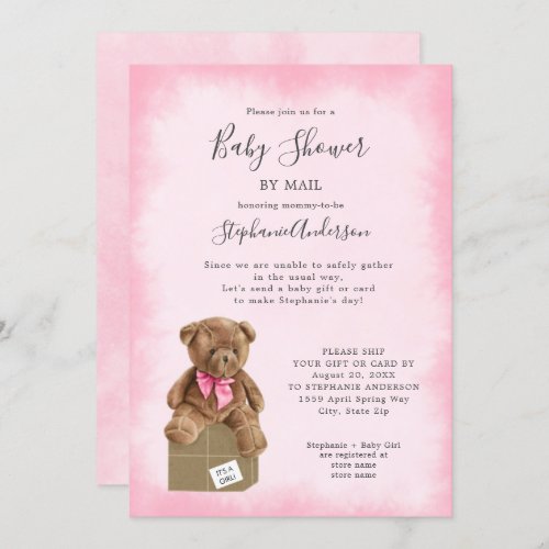 Pink Watercolor Brown Bear Baby Shower by Mail Invitation