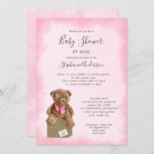 Pink Watercolor Brown Bear Baby Shower by Mail Invitation