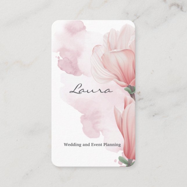 Pink watercolor brushstroke and flowers business c business card (Front)