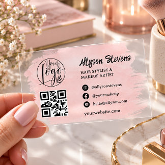 Pink Watercolor Brushstroke Clear QR Logo Makeup Business Cards