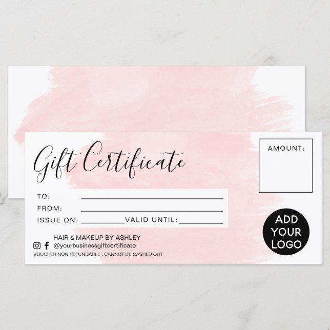 Pink watercolor brushstroke gift certificate logo (Front/Back)