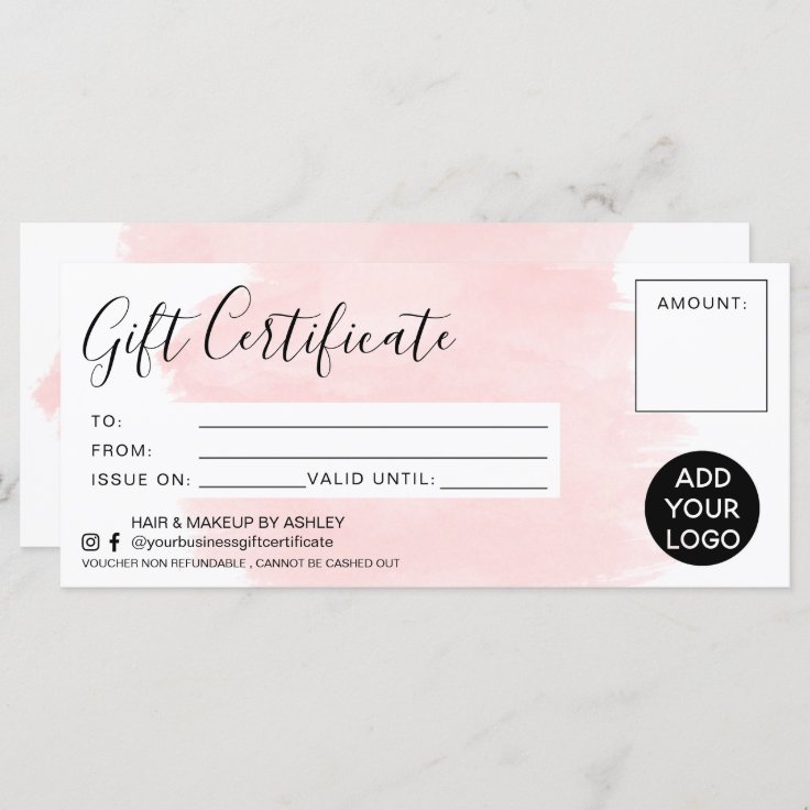 Pink watercolor brushstroke gift certificate logo | Zazzle