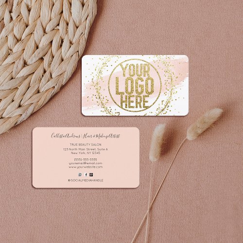 Pink Watercolor Brushstroke Glitter Confetti Logo Business Card