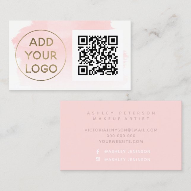 Pink watercolor brushstroke logo Qr code Business Card (Front/Back)