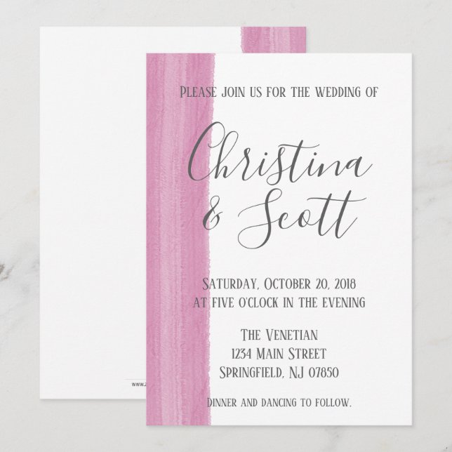 Pink Watercolor Brushstroke Wedding Invitation (Front/Back)