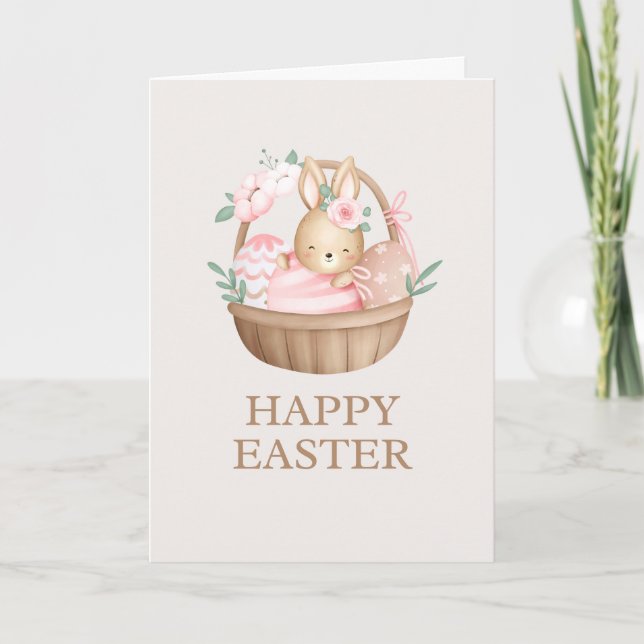 Pink Watercolor Bunny Easter Holiday Card (Front)