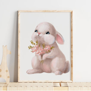 Pink Watercolor Bunny Floral   Bunny Wall Print