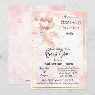 Pink Watercolor Bunny Rabbit balloons Baby Shower Invitation