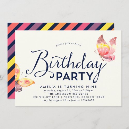 Pink Watercolor Butterflies Birthday Invitation