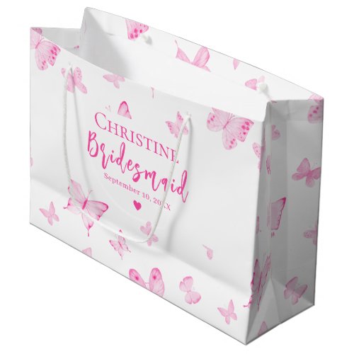 Pink Watercolor Butterflies Bridesmaid Thank You Large Gift Bag