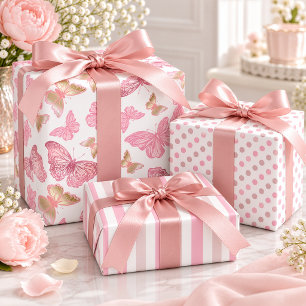 Pink Watercolor Butterflies Dots and Stripes Wrapping Paper Sheets