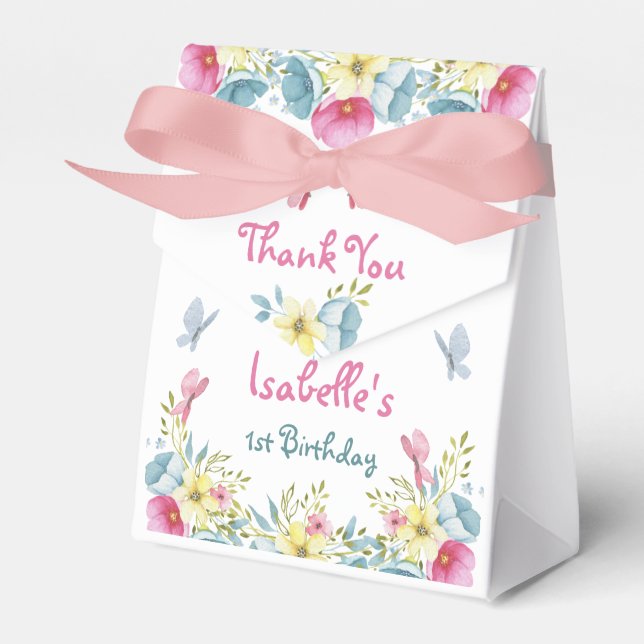 Pink Watercolor Butterflies Floral Birthday Favor Boxes (Front Side)