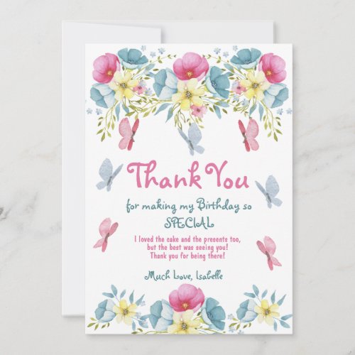 Pink Watercolor Butterflies Floral Birthday Thank You Card