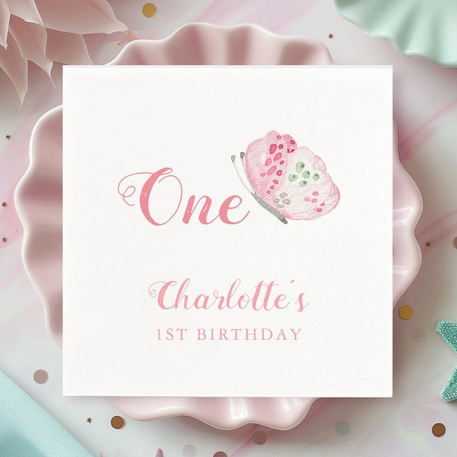 Pink Watercolor Butterfly 1st Birthday Party Napkins (Creator Uploaded)