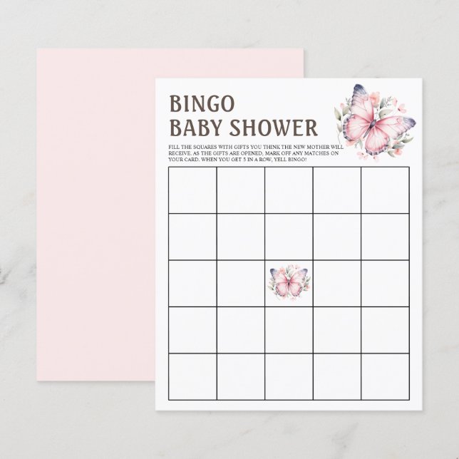 Pink Watercolor Butterfly Baby Shower Bingo Game (Front/Back)