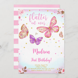 Pink Watercolor Butterfly Birthday Invitation