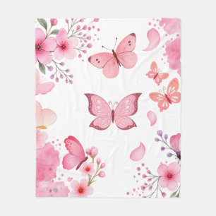 Pink Watercolor Butterfly Floral Garden Fleece Blanket