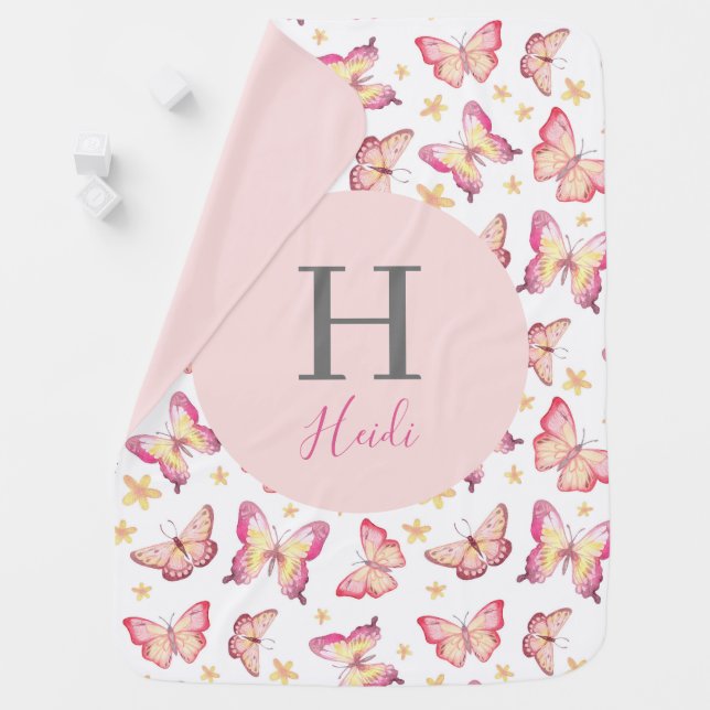 Pink Watercolor Butterfly Floral Personalized Girl Baby Blanket (In Situ)